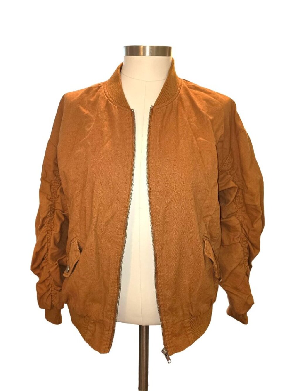 Brown Linen Cotton Jacket Gathered Sleeves Forever 21 Womans Size Med JJ3662